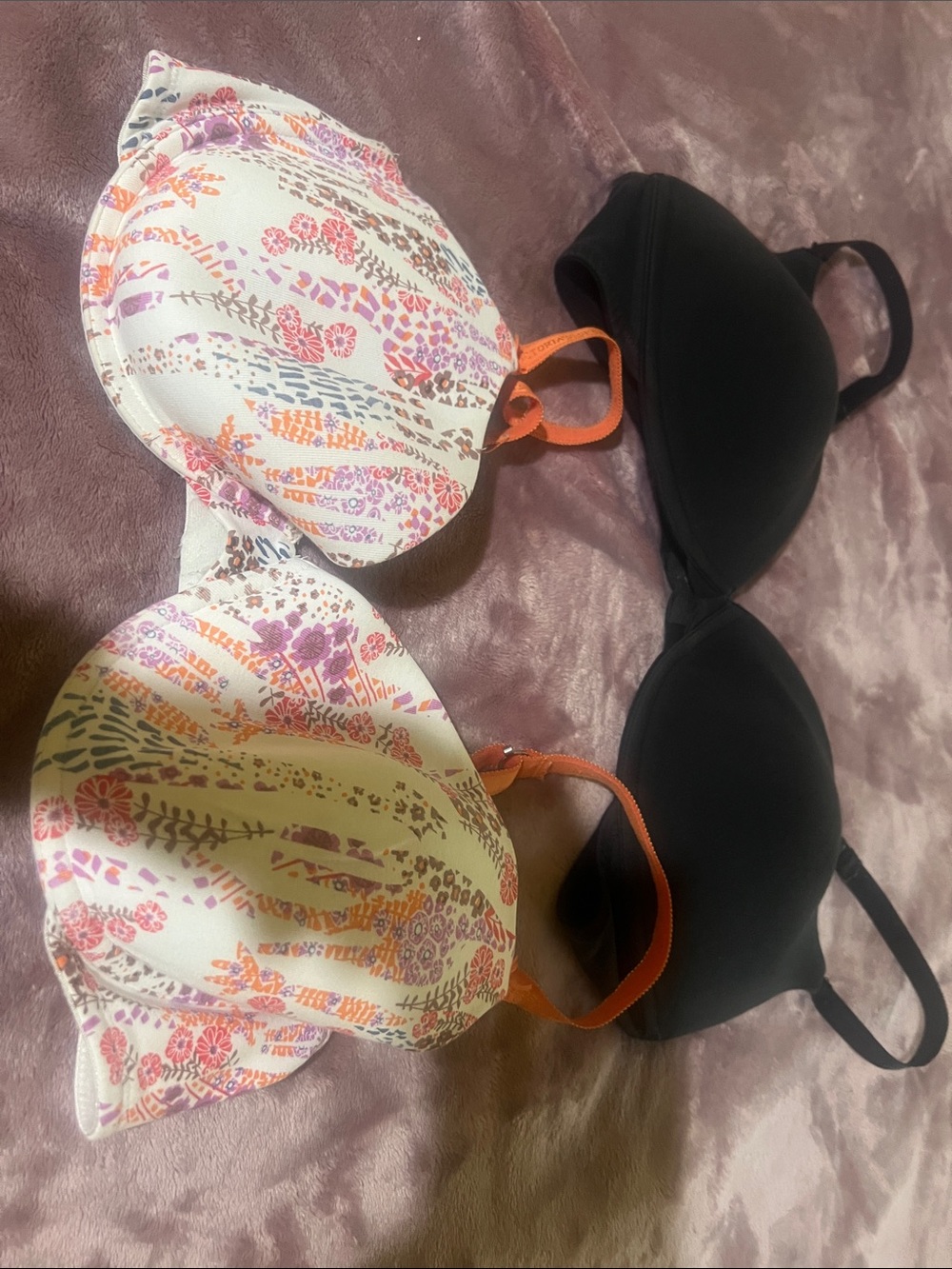 Victoria's Secret Black Bra with Pink Logo and Beige Bra with Flower Pattern
